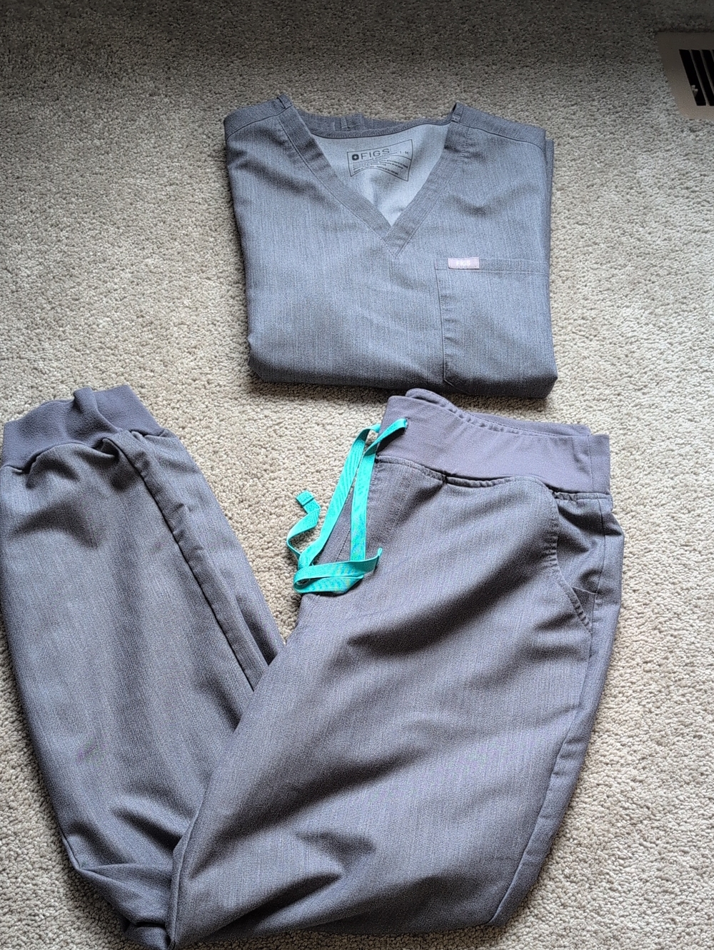 FIGS Women's Large/ Tall Grey Jogger Scrub Pants with Teal Drawstring